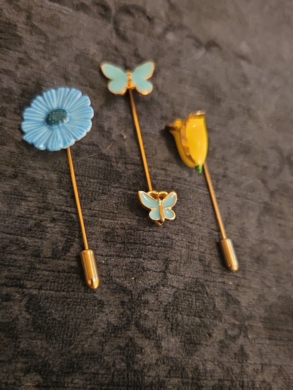 Vintage Enamel Flower, Butterfly And Ceramic Flower Stick Pins Trio